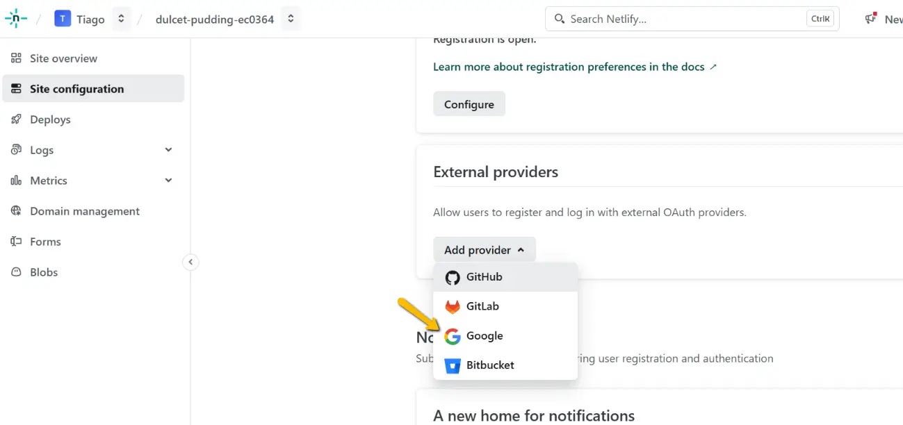 Netlify - seleção external providers Netlify - seleção external providers