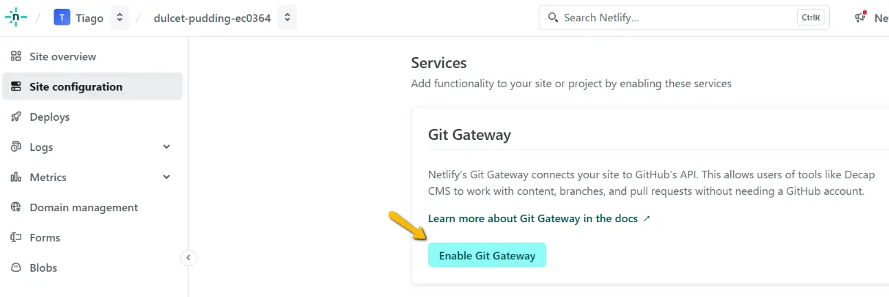 Netlify - habilita gateway git Netlify - habilita gateway git
