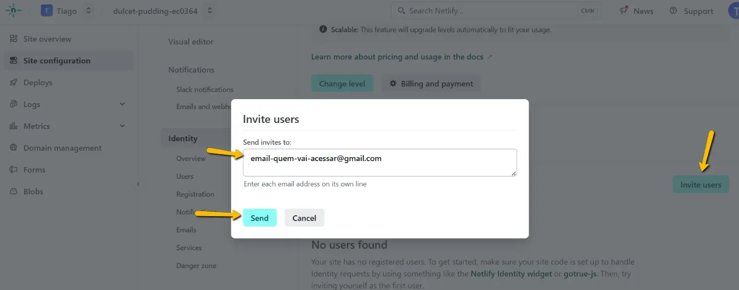 Netlify - enviando convite de acesso Netlify - enviando convite de acesso